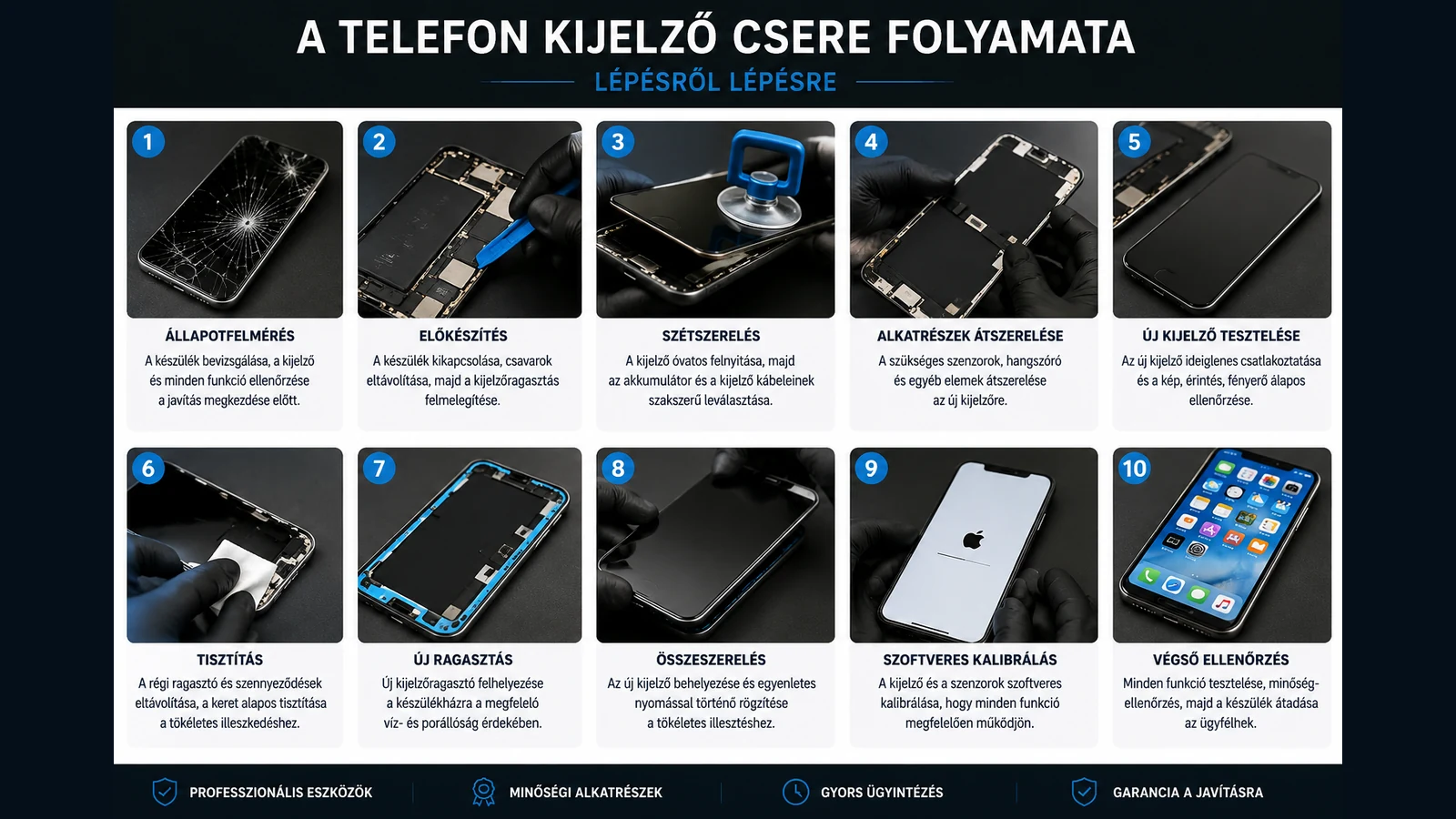 A telefon kijelzőcsere folyamatának tíz fő lépése